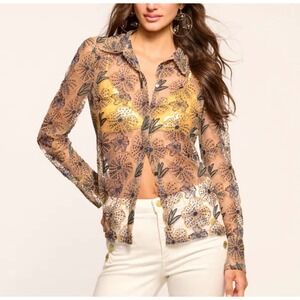 Ramy Brook Floral Embroidered Sheer Mesh Button Down Shirt Navy Gold Medium